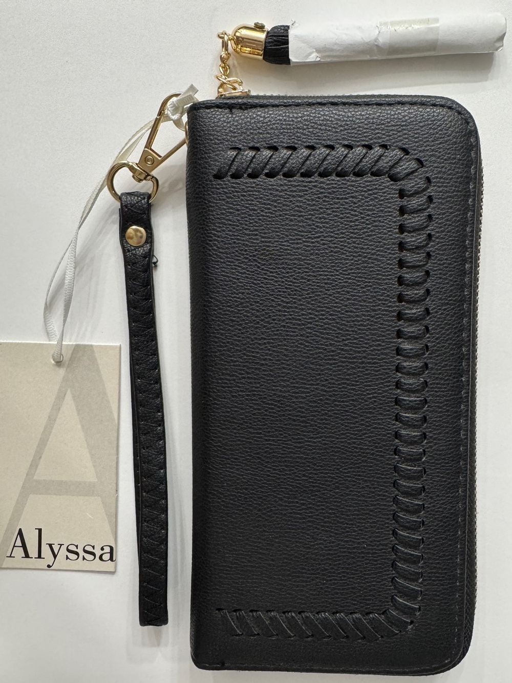 ANGELS BLACK LEATHER ZIP-AROUND WRISTLET WALLET WITH GOLD HARDWARE